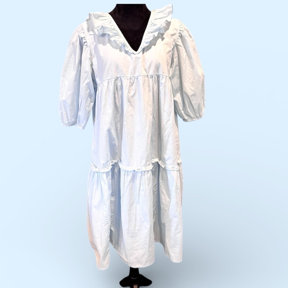 Saule Parc Mary Tiered Ruffled Peasant Dress in Light Blue, Large, Cottagecore